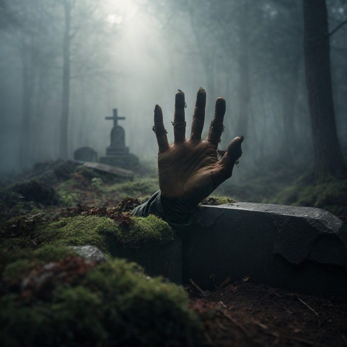 A spooky image of a zombie hand evocative of Wylder's Hand by Joseph Sheridan Le Fanu