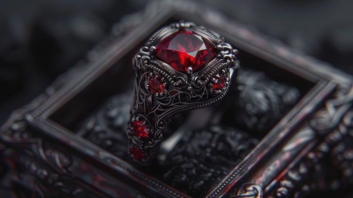 An AI image of a ring evocative the engagement ring wore by Adelaide In The House of the Whispering Pines By Anna Katharine Green