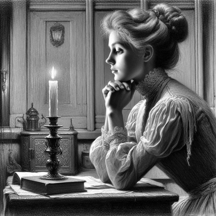 An image reminiscent of a Victorian lady, such as Rosamond in "The Dead Secret" by Wilkie Collins