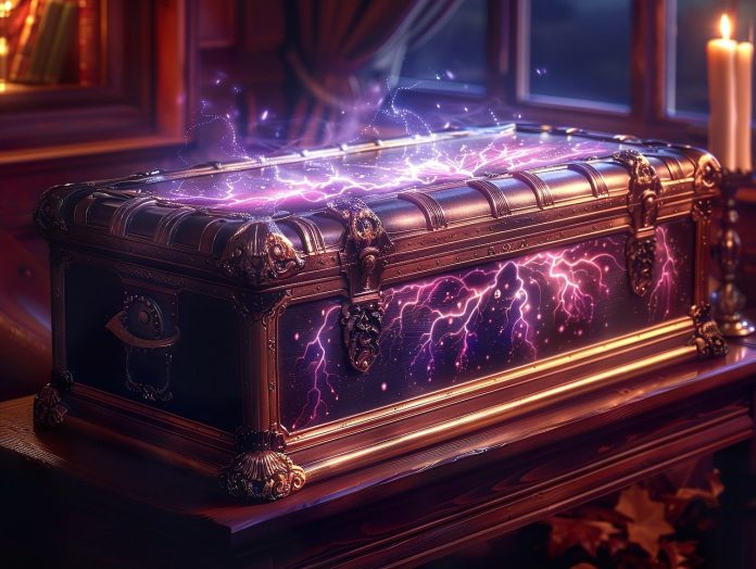 An AI image of a purple magic chest evocative of The Amethyst Box By Anna Katharine Green