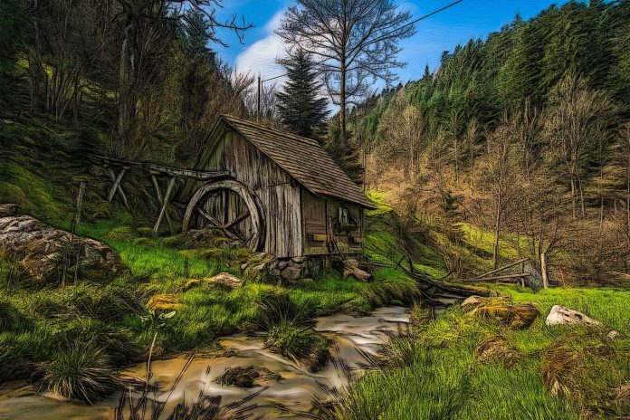 An illustration of a mill evocative of the poem The Veil Of An Old Mill