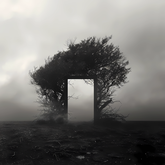 A gloomy image of a portal evocative of the poem The Arcane Portal