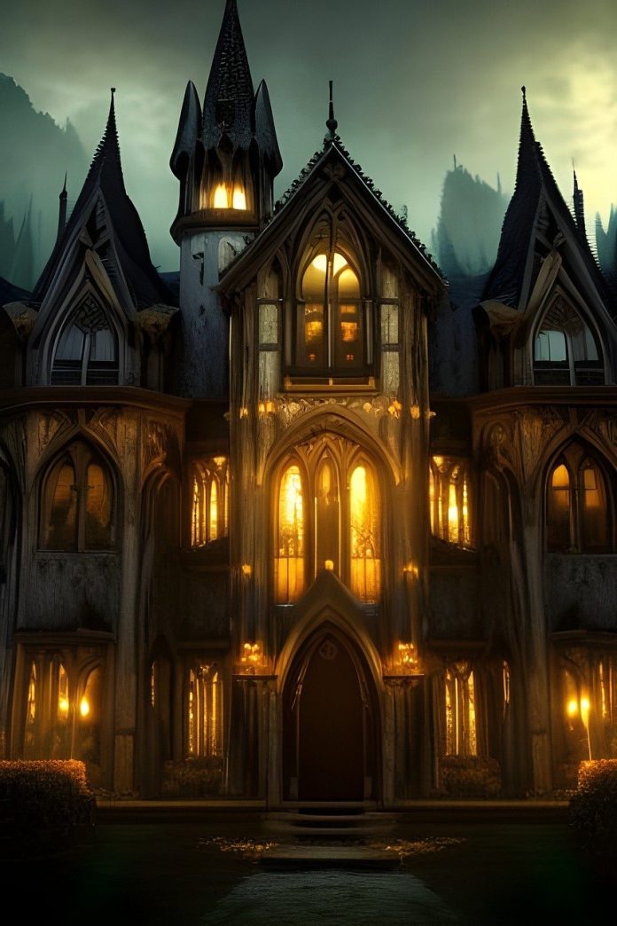 A spooky manor AI image evocative of the poem The Haunting Of Twilight Manor