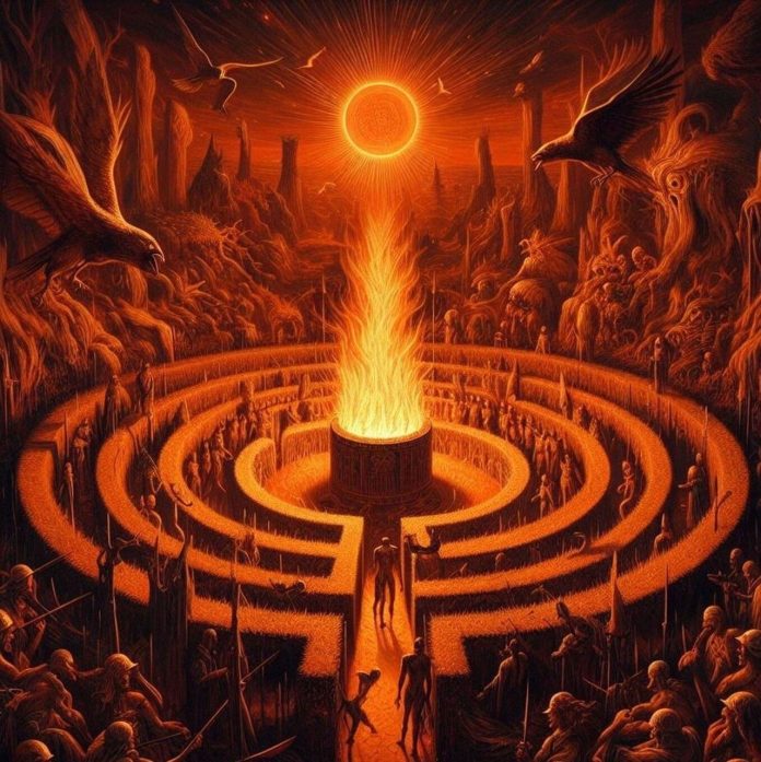 A surrealistic illustration of a fantasy labyrinth evocative of the poem The Labyrinth Of Crimson Nightmares