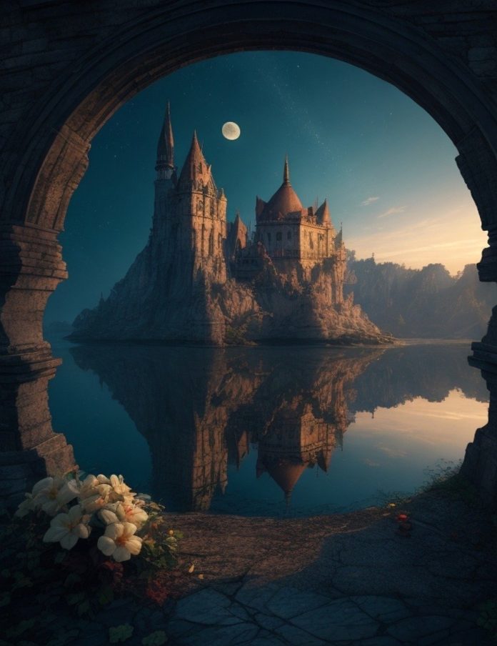 An AI image of a castle by a lakeside evocative of the atmosphere in the poem The Castle By The Ocean