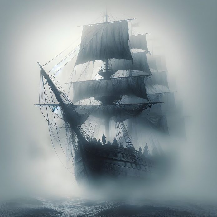 An AI image of a ghost ship evocative of the novel The Phantom Ship by Frederick Marryat