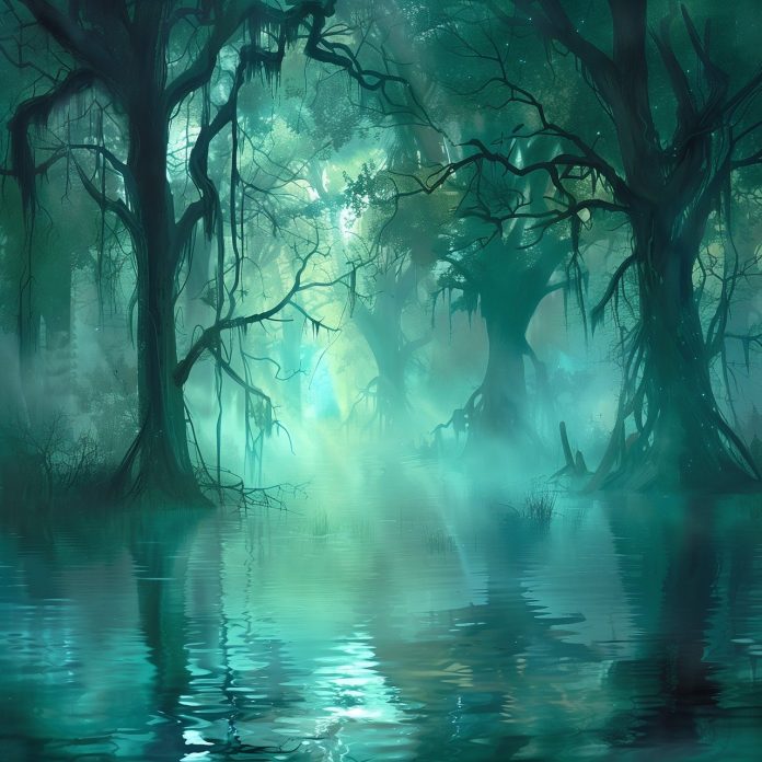 An AI image of a swamp evoking the atmosphere in the poem The Swamp Of Fear