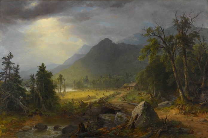 The First Harvest in the Wilderness, 1855. Oil on canvas by Asher B. Durand that represents American wilderness reminiscent of the atmosphere in The Last of the Mohicans by James Fenimore Cooper