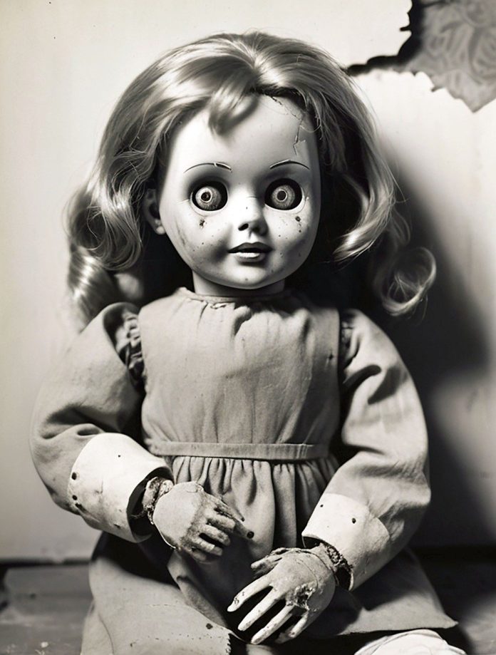 An image of an eerie and mysterious doll evocative of the atmosphere in poem The Doll’s Curse