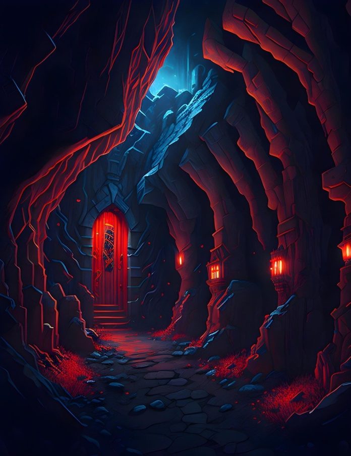 A gloomy and eerie cave evoking the horror atmosphere of the poem The Cage of Unending Nightmares