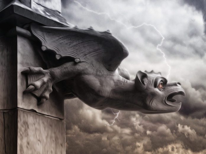 An AI image of a stormy night with a gargoyle as the subject in Notre Dame in Paris that is the backdrop of the book The Hunchback of Notre Dame by Victor Hugo